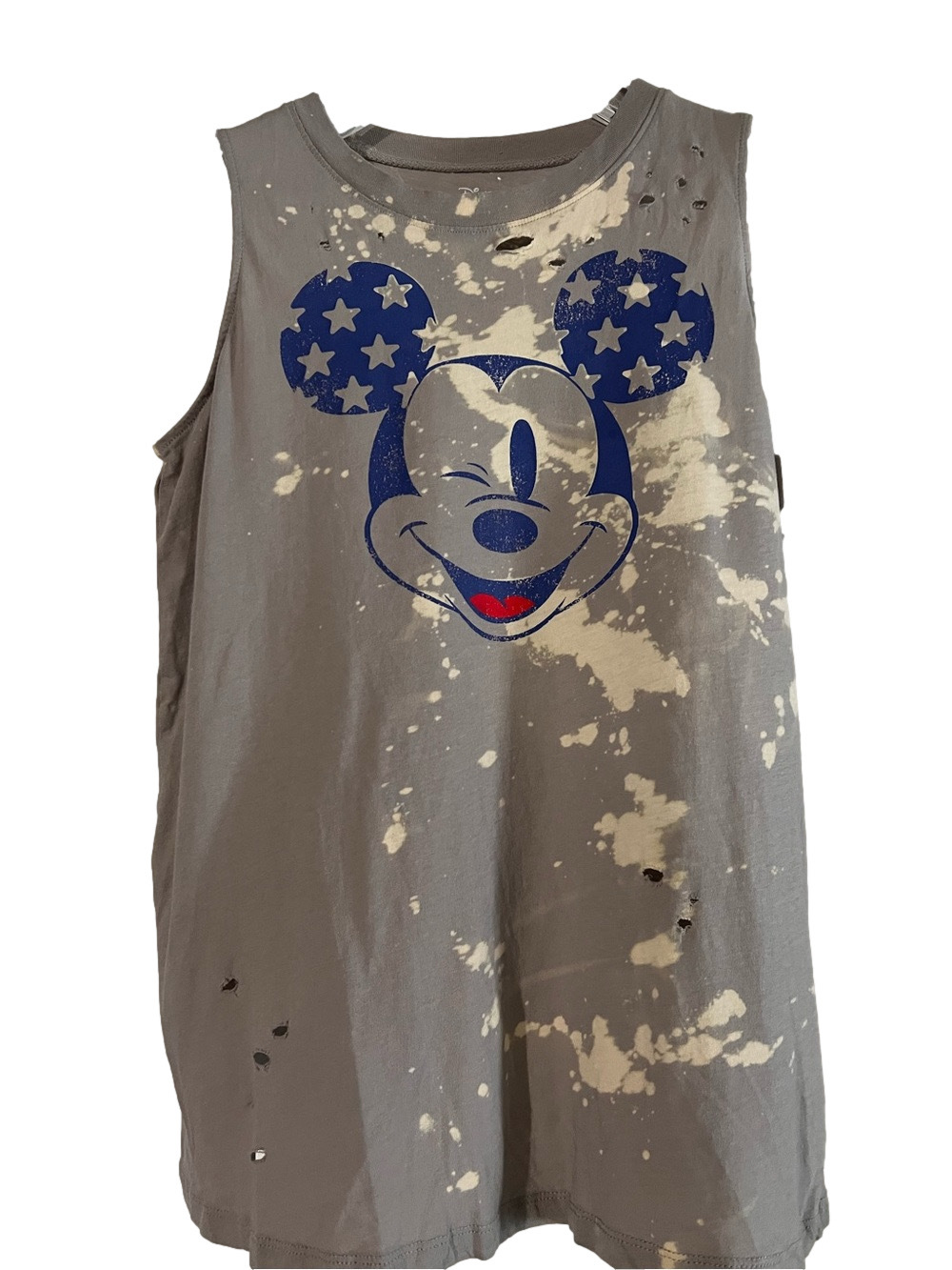 Unisex Winking Patriotic Micky Mouse Upcycled Bleached Distressed Tank Top - M